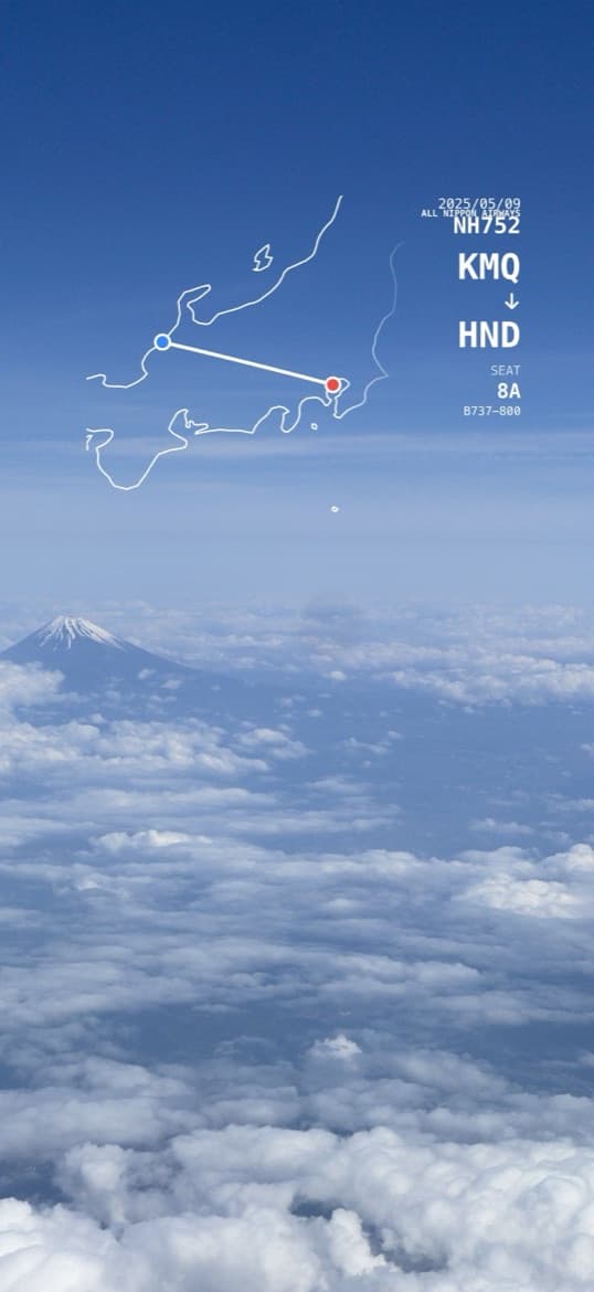 富士山の空撮写真に KMQ→HND のマップ風スタンプを重ねた作例