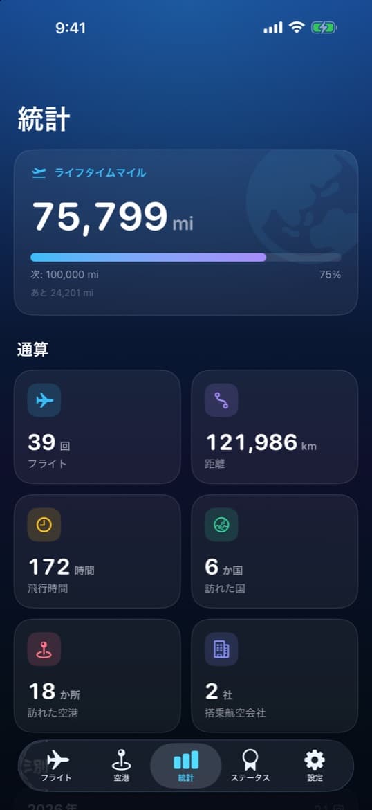 統計画面 (回数・距離・飛行時間)