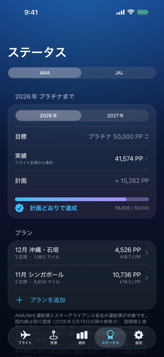 ANA の年間ステイタス目標と計画の画面