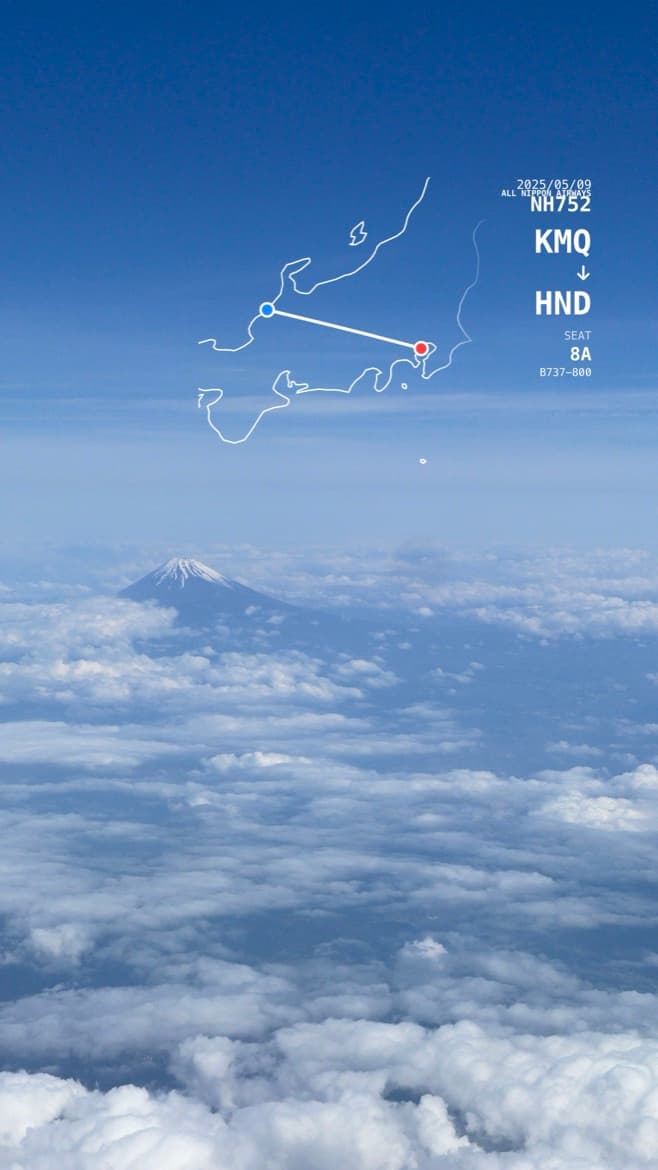 富士山と雲海の空撮写真に KMQ→HND のマップ風スタンプを重ねた作例